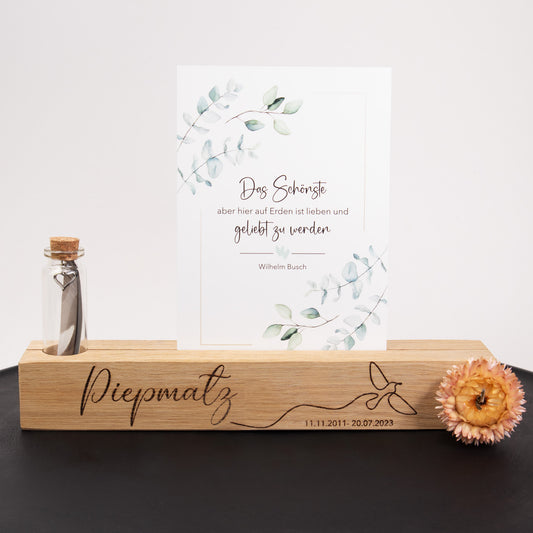 Herinneringshouder met glazen flesje voor de vacht of veren van je huisdier - personaliseerbaar