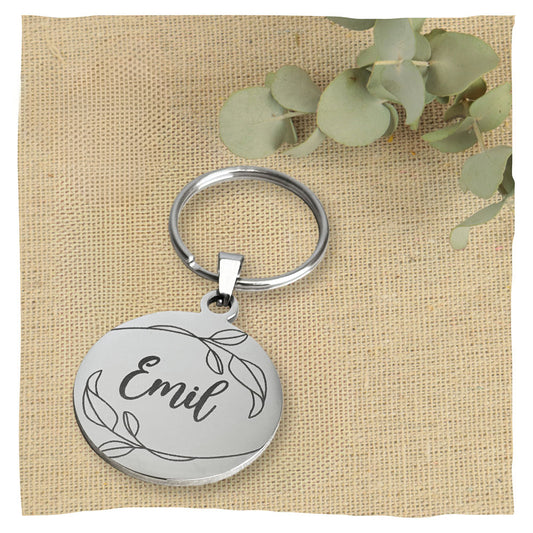 Roestvrijstalen sleutelhanger met de naam van je huisdier - met bladeren
