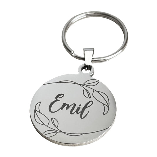 Roestvrijstalen sleutelhanger met de naam van je huisdier - met bladeren